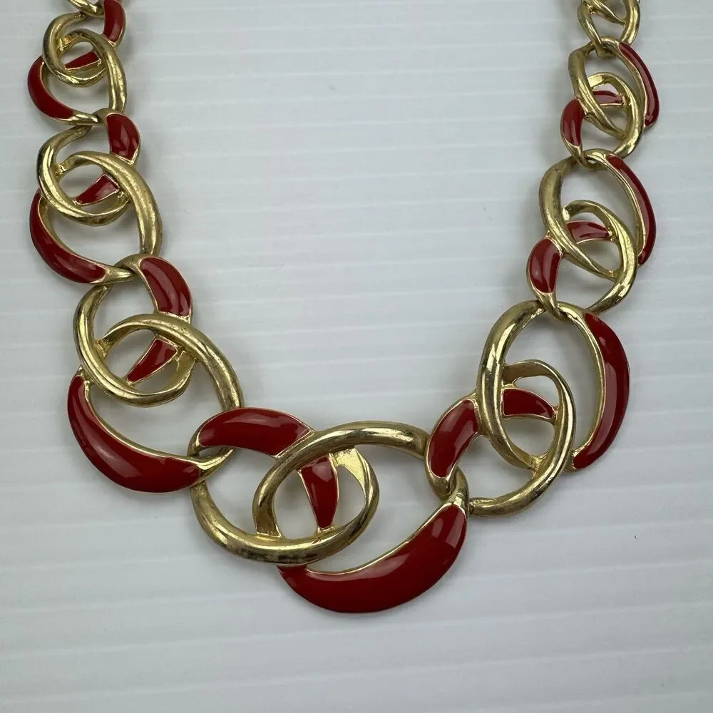 Vintage Necklace Red Enamel Gold Tone Chain Link Choker 80s Glamour 17
